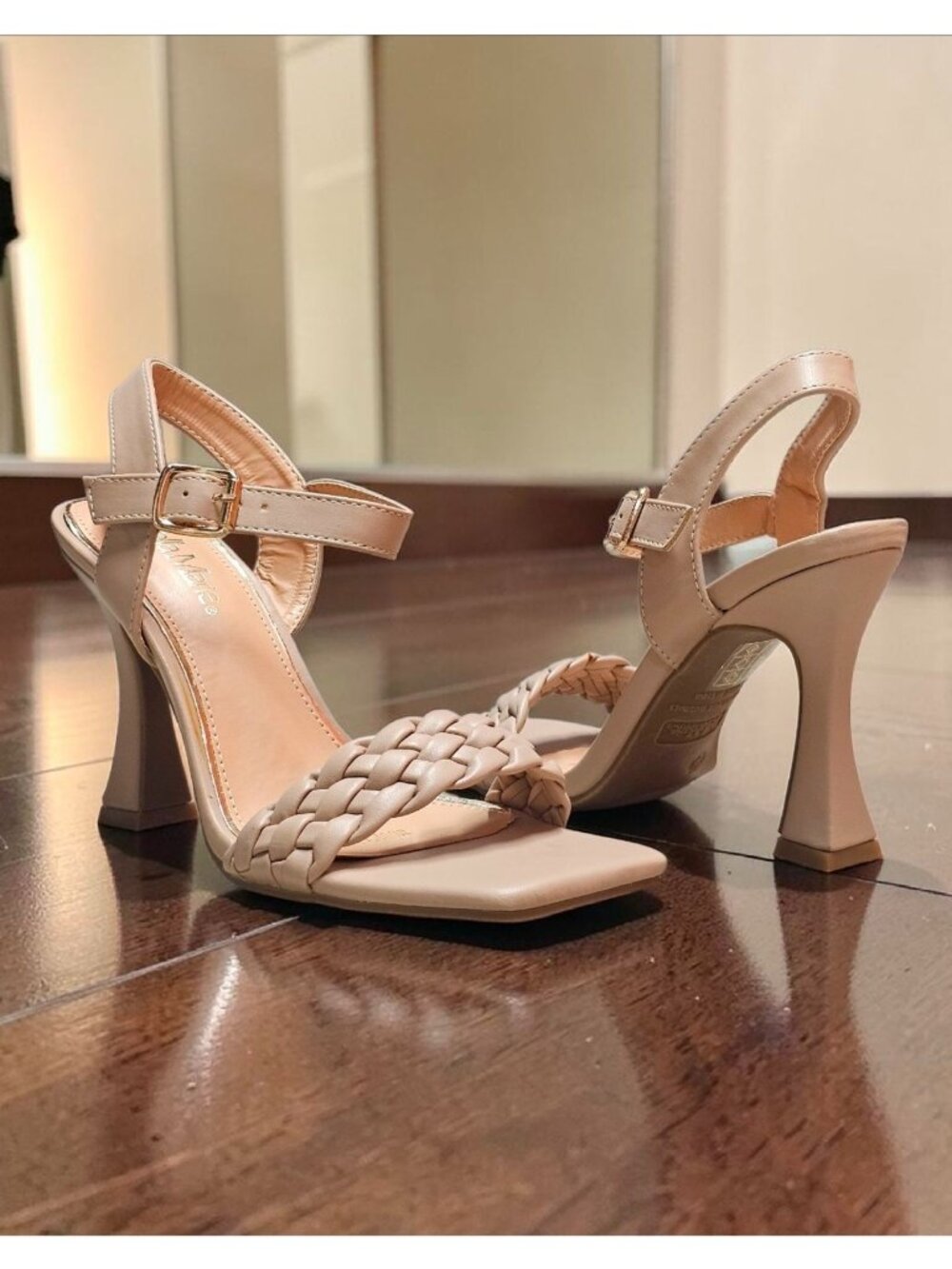 Braided Nude Heeled Sandals With Square Toe Design & Adjustable Ankle Strap